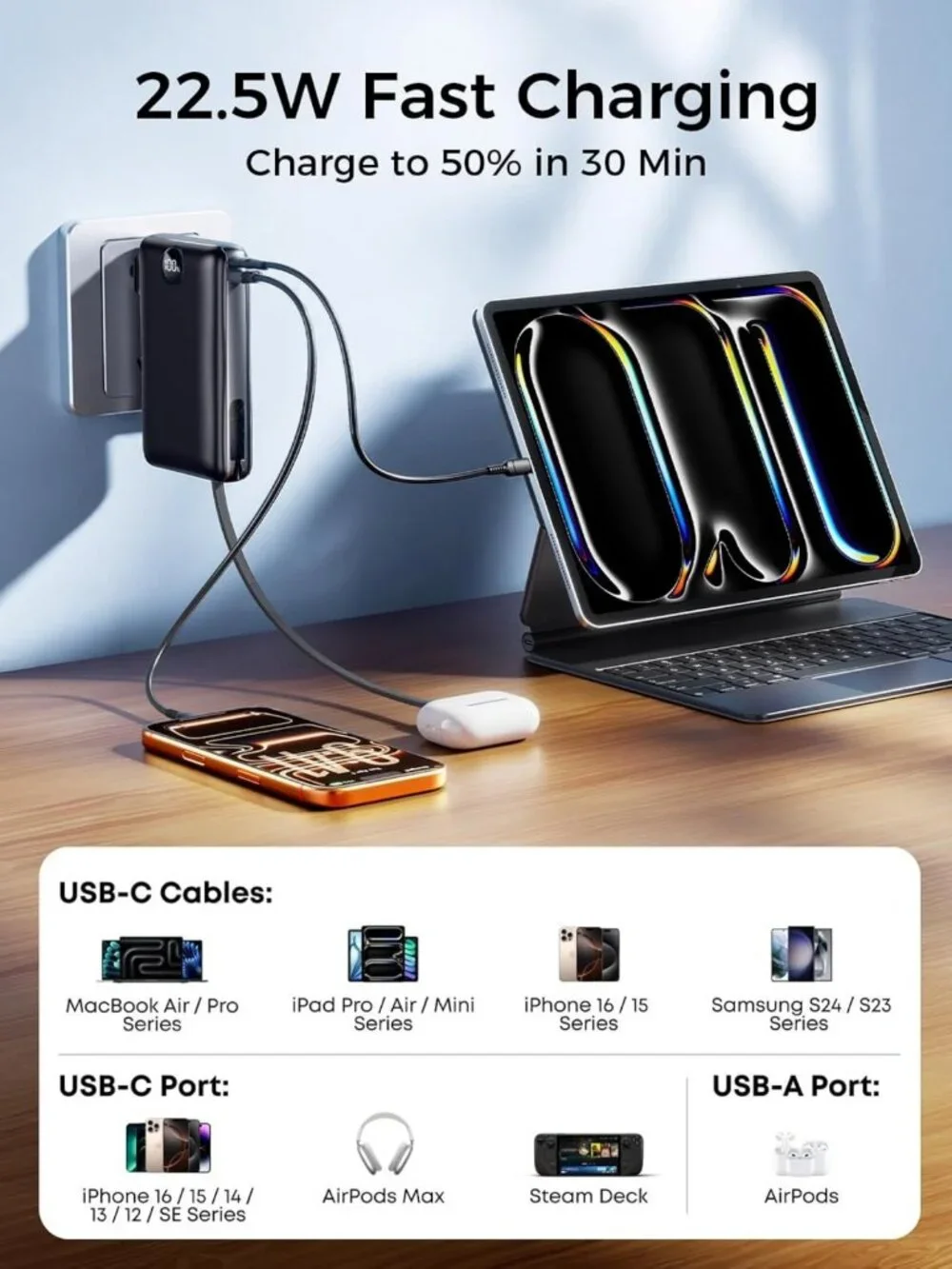 High-Capacity 50000mAh Portable Charger Power Bank with Wall Plug - Black